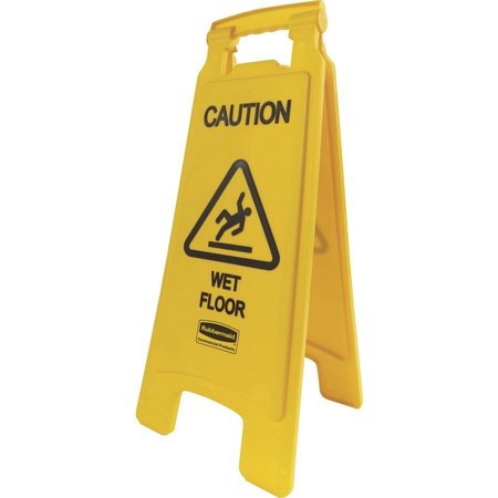 RUBBERMAID COMMERCIAL Caution Wet Floor Safety Sign, 25" Height, 11" Width, Rectangular, English; French; Spanish; German RCP611277YWCT